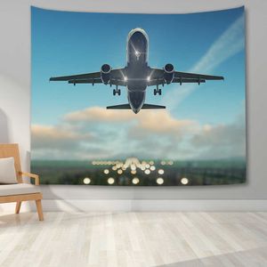 Tapestries 3D Airplane Sunset Tapestry Aircraft Runway Wall Hanging Tapestries Large Passenger Aircraft Wall Blanket for Home Bedroom Decor