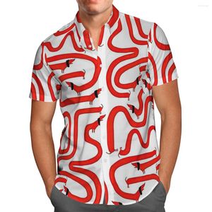 남성용 캐주얼 셔츠 3D 프린트 레드 스트라이프 강아지 셔츠 하와이 모래 해변 남성 통기성 여름 짧은 소매 2023 대기