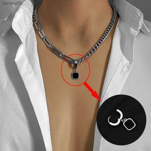 Creative Hiphop Tide Brand Simple Black Square Earrings Pendant Necklace Men's Dualuse Design Stainless Steel Stitch Necklace L230704