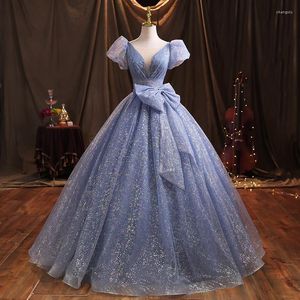 Party Dresses 2023 Bling Blue Ball Gown Sweet Short Sleeves Debutante Prom Dress With Bowknot Evening