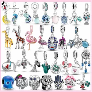 Pandora Charm için 925 Gümüş Boncuklar Takılar Pembe Flamingo Charm Kafatası Boncuk Baykuş Kedi Panda Zürafa