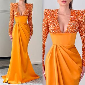 Moda arancione paillettes abiti da ballo scollo a V maniche lunghe abiti da sera pieghe fessura formale tappeto rosso lungo abito da festa per occasioni speciali