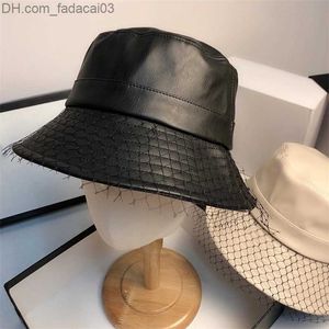 Chapéus Stingy Brim MAXSITI U Spring Fall Veil Net PU Couro Bucket Hat Moda Feminina Casual Cor Pura Boné Fisherman's Basin Z230704