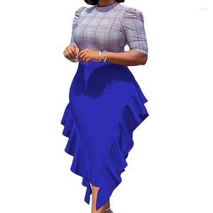 Sukienki imprezowe Ruffles Szwy Kontrastowy kolor Afrykańska sukienka plus size Kobiety Skromna odzież Lady Odzież do pracy biurowej Business Blue Vestido