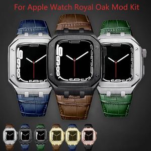 Luxury Genuine Leather Strap Modification Kit For iWatch 8 7 6 5 4 SE Stainless Steel Metal Mod Kit Metal Case For Apple Watch Band Series 45mm 41mm