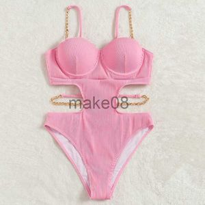 Badkläder för kvinnor Sexiga Push Up Bygel One Piece Baddräkt Dam Solid Rosa metallkedja Ihålig Ribbad baddräkt Baklös baddräkt Monokini J230704