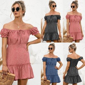 Casual Dresses Wave Point Dress Sexy Slash Collar Strapless Floral Print Summer Boho Women Ruffle Short Beach Red Black Vestidos