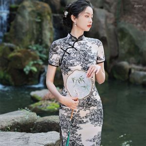 Ethnische Kleidung Sexy elegantes Mandarinkragen-Knielanges Qipao-Retro-chinesisches Frauen-Kurzarm-bedrucktes Satin-Cheongsam-Kleid