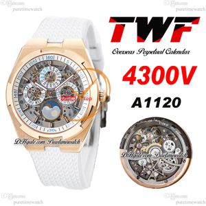 TWF Overseas Perpetual Calendar Moonphase 4300V A1120 Automatisk Herrklocka Rose Gold Skeletturtavla Vit Gummi Super Version Reloj Hombre Edition Puretime B06