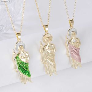 Grön Rosa Guld Färg San Judas Tadeo hänge Halsband 3 storlekar Guldhalsband för män Kvinnor Presenter Religiösa smycken L230704