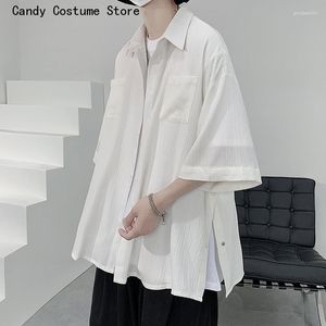 Men's Casual Shirts Short Sleeve White Ice Silk Shirt Aesthetic Male Y2k Blouse Men Side Buttons Black Harajuku Pleated Button Up Korean