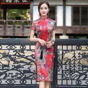 Etnik Giyim Kırmızı Erik Baskı Yaz Cheongsam Elbise Kısa Kol Çin Tarzı Vintage Qipao İpek Uzun Elbiseler İnce Kostüm