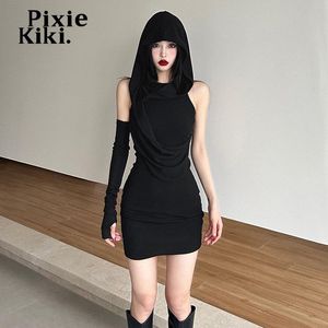 Jeans Pixiekiki Asymmetrische One Sleeve Hooded Short Kleider für Damen Y2k Girl Sexy Schwarzes, figurbetontes Kleid Goth Streetwear P71cd22