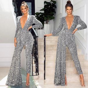 Party Dresses Deep V Neck Jumpsuit For Women Sequin Evening Dress With Overskirt Prom Gowns Long Sleeve Outfits Second Reception