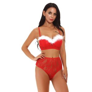 Top de sutiã feminino de malha de renda vermelha Conjunto de lingerie festiva de Natal com top de sutiã com acabamento branco felpudo e cueca íntima sexy Appare1983