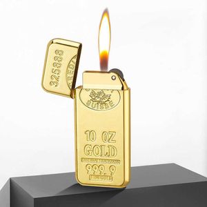 Nyhet Tunn Guld Tegel Tändare Röktillbehör Cool Torch Butan Uppblåsbar Flintslipskiva Öppen låga Tändare PD3KNo Gas