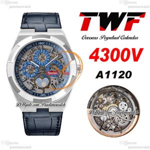 TWF Overseas Perpetual Calendar Moonphase 4300V A1120 Automatic Mens Watch Steel Case Skeleton Dial Blue Leather Super Version Reloj Hombre Edition Puretime B12