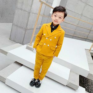 Anzüge Winter Jungen Mädchen Kleid Anzug Set Formale Kinder Laufsteg Show Hochzeit Party Kostüm Kinder Gelb Blazer Weste Hosen kleidung SetsHKD230704