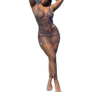 Vestido de Coquetel Sexy para Sexo Malha Transparente Vestido de Festa Alça Espaguete Feminino Brilho Elegante Mini Vestido de Verão para Mulheres Clube Noturno