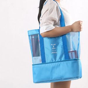 Hand Schulter Isolierung Tasche Frauen Mesh Transparent Tasche Doppel-schicht Wärme Erhaltung Große Picknick Strand Lagerung Taschen