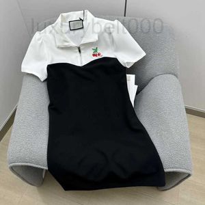 Basic & Casual Dresses designer Temperament Commuting Black and White Contrast Panel Dress Embroidered Zipper Lapel Slim Fit Bubble Short Sleeve Midskirt for Women