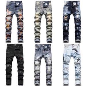 Jeans skinny masculino Jeans masculino para homens Calça jeans preta rasgada com zíper Moda masculina slim fit lavada Motocicleta Calça jeans com painéis Hip HOP Designer Jeans