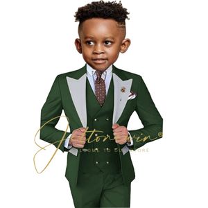 Terno Verde Escuro Terno Para Meninos Jaqueta De Festa Formal Calças Colete 3 Peças 3-16 Anos Lapela Prata Casamento Smoking Crianças Blazer Conjunto InfantilHKD230704