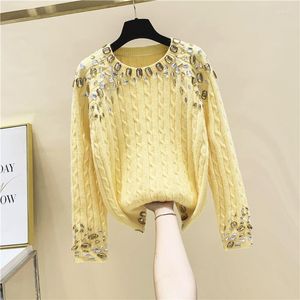 Damenpullover Harajuku Pullover Frauen Gelbe Diamanten Langarm Lose Strickoberteile Pullover Herbst Winter Kleidung Weibliche Strickwaren Top