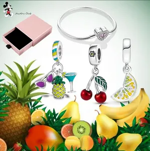 Para pandora charm 925 contas de prata charms pulseira conjunto de charms cereja limão coração rosa