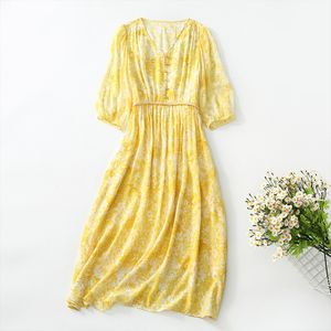 2023 Verão Amarelo Estampa Floral Trama Vestido de Seda Cinto Meia Manga Meia Manga Decote em V Botões Midi Vestidos Casuais C3Q07 Plus Size XXL 5075