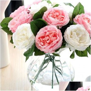 Fiori decorativi Ghirlande Seta Simation Rose Flower Tessuto artificiale Rose Peonie Bouquet Bianco Rosa Arancione Verde Rosso Per Weddi Dhg0V