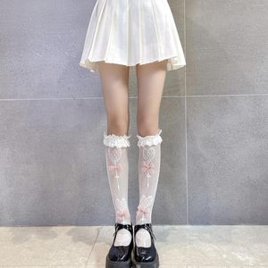Meias femininas rendas bezerro lolita arcos joelho estilo japonês princesa coxa alta meia solta para senhora meninas