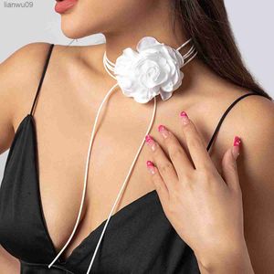 6 Colors Elegant Goth Satin Surface Rose Flower Clavicle Chain Necklace Women Kpop Adjustable Choker Wed Jewelry Y2K Accessories L230704