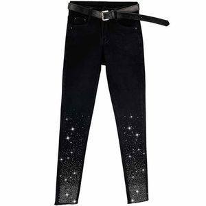 Джинсы Черные джинсы для женщин модный 2022 Осень Новая высокая талия для похудения горячих страза