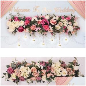 Coroas de flores decorativas Arco artificial Fila de flores faça você mesmo Peça central de casamento Guia de estrada Decoração de festa Pano de fundo romântico Drop D Dhmlg