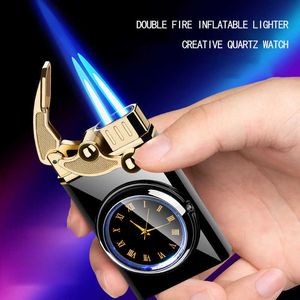 Multifunctional Dual-use With Quartz Real Watch Metal Double Fire Blue Flame Jet Windproof Lighter LM6NWithout Gas