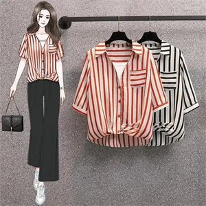 Women's Blouses Large Size Fat MM Striped Shirt Summer Loose Western-Style Age-Reducing Coat Short-Sleeved Belly-Covering Top Female