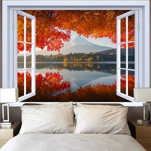 Tapestries Landscape Outside The Window Tapestry 3D Mountain Lake Sunset Natural Scenery Wall Hanging Aesthetic Room Decor Background Cloth