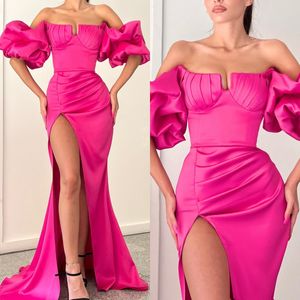 Fashion Rosy Pink Prom Dresses Strapless Puffy Sleeves Evening Gowns Pleats Slit Formal Red Carpet Long Special Occasion Party dress