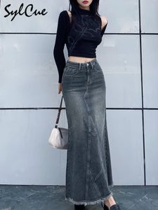 Skirts Sylcue Retro Classic AllMatch Vitality Casual Outing Tight Sexy White Irregular Women'S Long Denim Skirt Girl Cool 230703