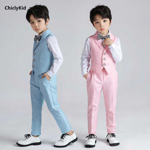 スーツ男の子キャンディーカラーのベスト子供チョッキ結婚式の服セット幼児フォーマルドレススーツ子供ボウタイシャツパンツベビー紳士衣装HKD230704