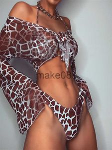 Costumi da bagno da donna GNIM Costumi da bagno bikini a maniche lunghe in rete da donna Tre pezzi 2020 Costume da bagno leopardato Costume da bagno sexy estivo femminile Biquini brasiliano J230704