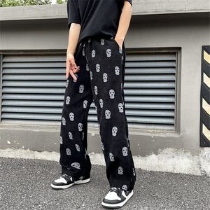 Men's Pants Preppy Style Skull Full Print Drawstring Casual Corduroy Men Baggy Pants Hip Hop Straight Sweatpants Male Loose Trousers 230703