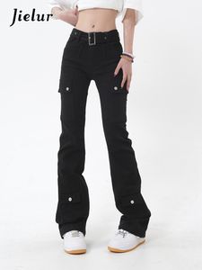 الجينز للسيدات Jielur Fashion Slim Black American Style Ins Solid Color Chic Buttons Female Flant Pants Comple