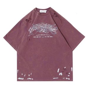 Men's T-Shirts Vintage Mens Hip Hop Streetwear Harajuku Hole T-Shirt Fshion Ripped T Shirt Summer Short Sleeve Cotton Rock Punk Tops 230703