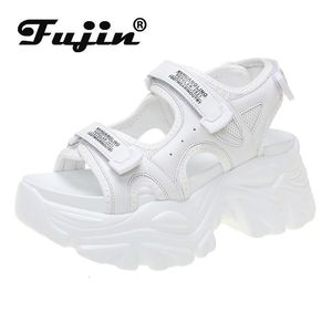 8 cm platforma fujin skórzane sandały klinowe pięta dla kobiet Summer Casual Hook Slajdes Slajdów plażowe Chunky Buty 23070 8671