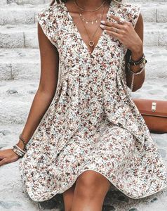 Lässige Kleider Damenkleid 2023 Sommerurlaub Mode Ditsy Blumendruck Plunge Flatterärmel V-Ausschnitt Mini Weibliche Kleidung