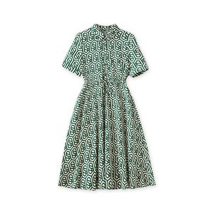 2023 Summer Green Geometry PrintWaist Belted Dress Short Sleeve Lapel Neck Buttons Knee-Length Casual Dresses W3L045608