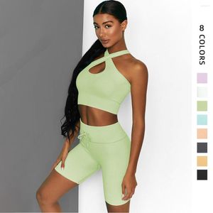 Kadınların Trailsits Myzyqg Kadın Seksi Yoga Set İki Parçalı Set Düz Renk Güzellik Arka Çapraz Kayış Sütyen Yüksek Bel Kuşak Spor Şortları Sıkı Giysiler