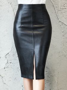 Skirts Aachoae Black PU Leather Skirt Women Midi Sexy High Waist Bodycon Split Office Pencil Knee Length 230703